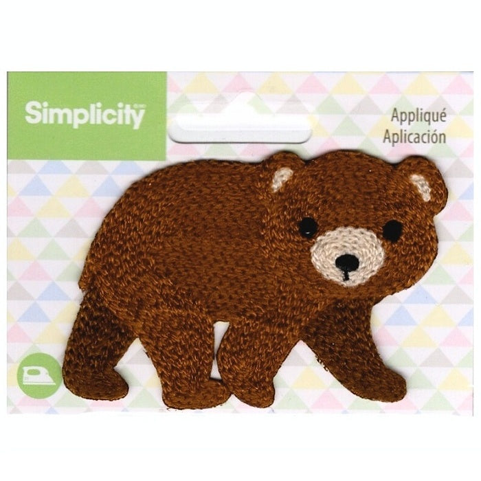 Brown baby bear applique with Simplicity branding.