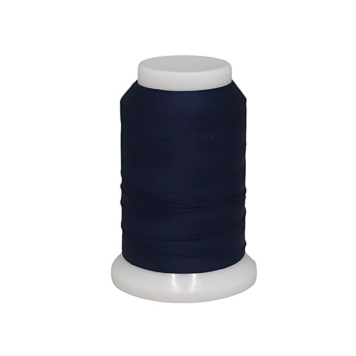 Spool of dark blue woolly nylon thread.
