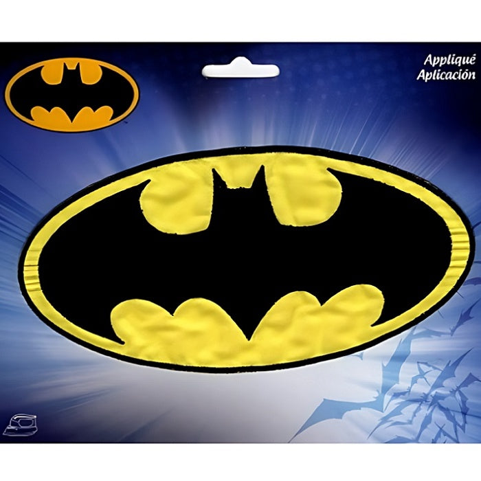 Oval shaped Batman logo applique on a yellow background.