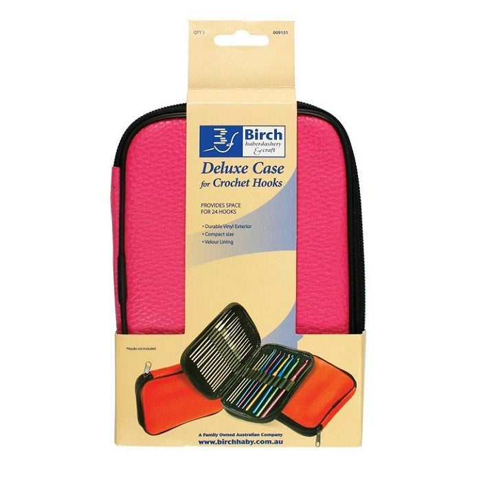 Zippered pink crochet case with Birch branding.