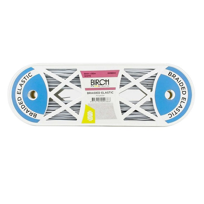 Roll of white braided elastic with Birch branding.