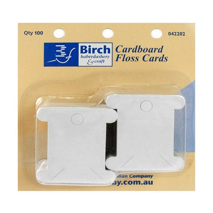 Packaged cardboard floss cards with Birch branding.