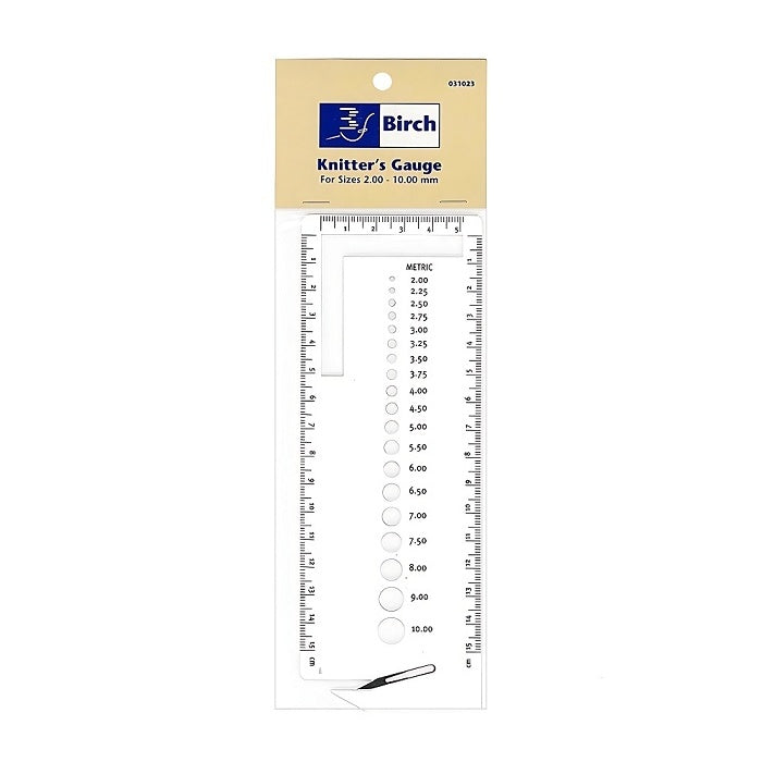 Packaged knitters gauge with Birch branding.
