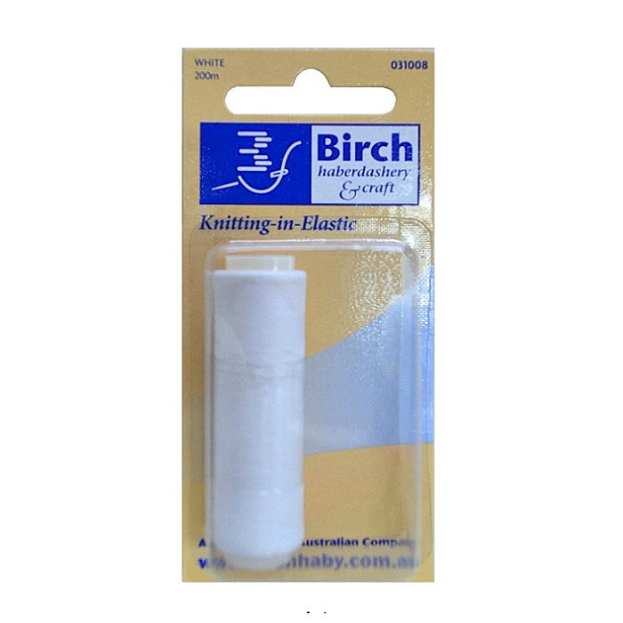Pack of white knitting in elastic with Birch branding.