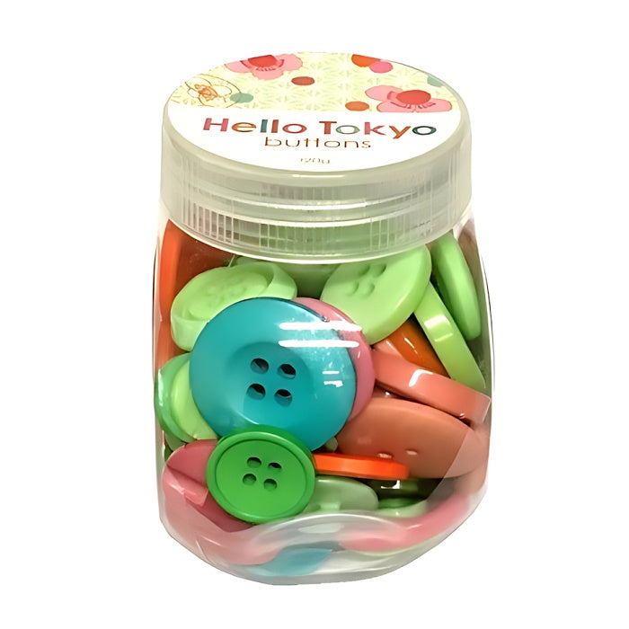 Plastic jar of colourful buttons.