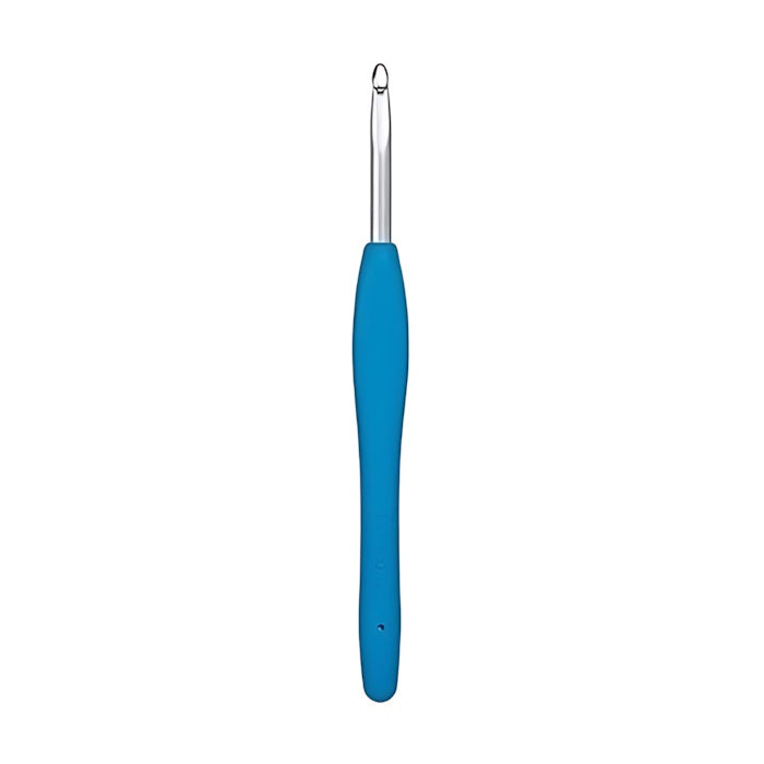 Crochet hook with blue non slip handle.