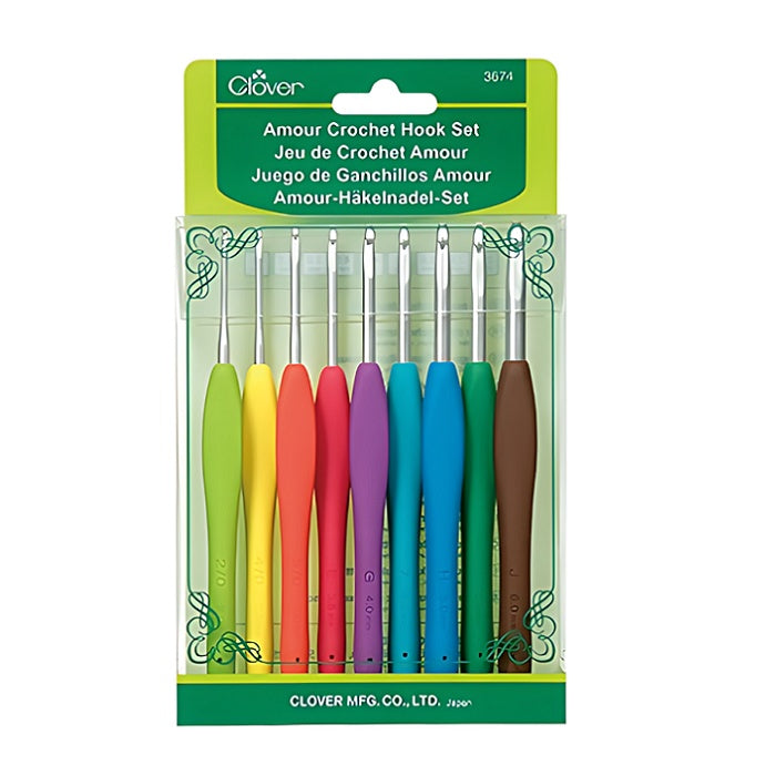 Packaged colourful crochet hooks with Clover branding.