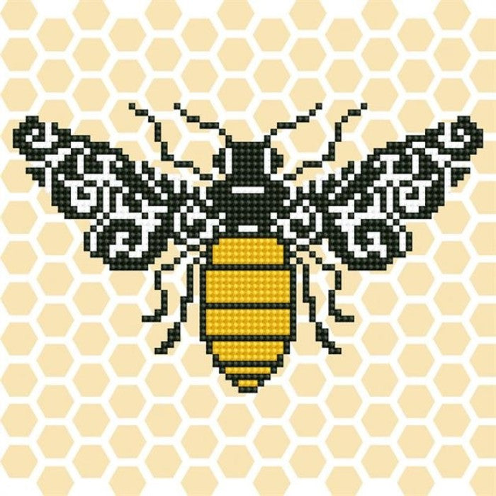 Pixelated bee design on a honeycomb background