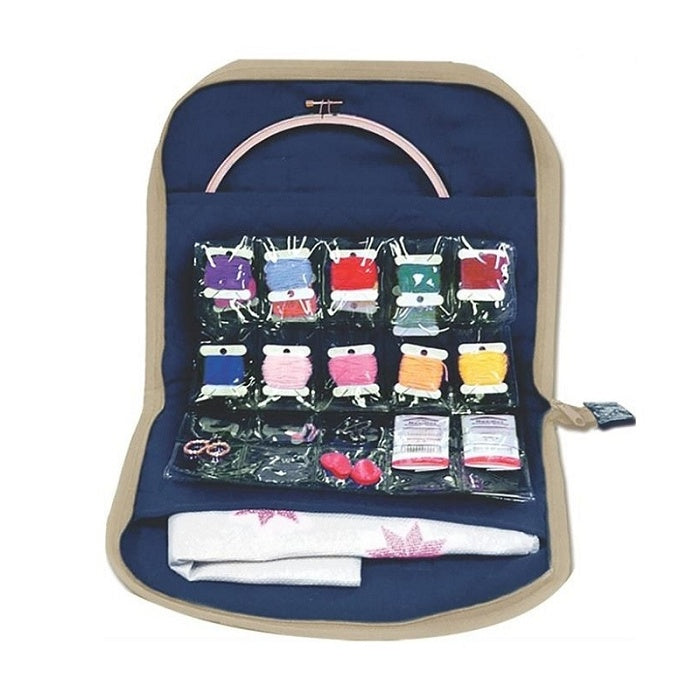 Navy bag with embroidery floss cards in clear pockets.