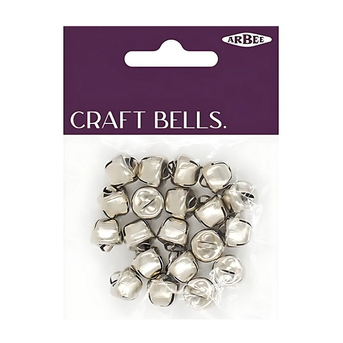 Pack of silver craft bells with Arbee branding.