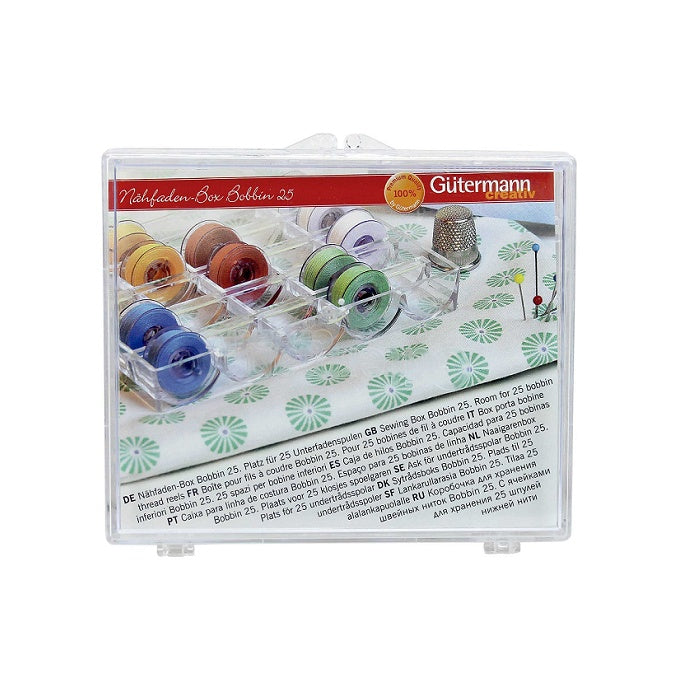 Clear bobbin storage box with Gutermann branding.