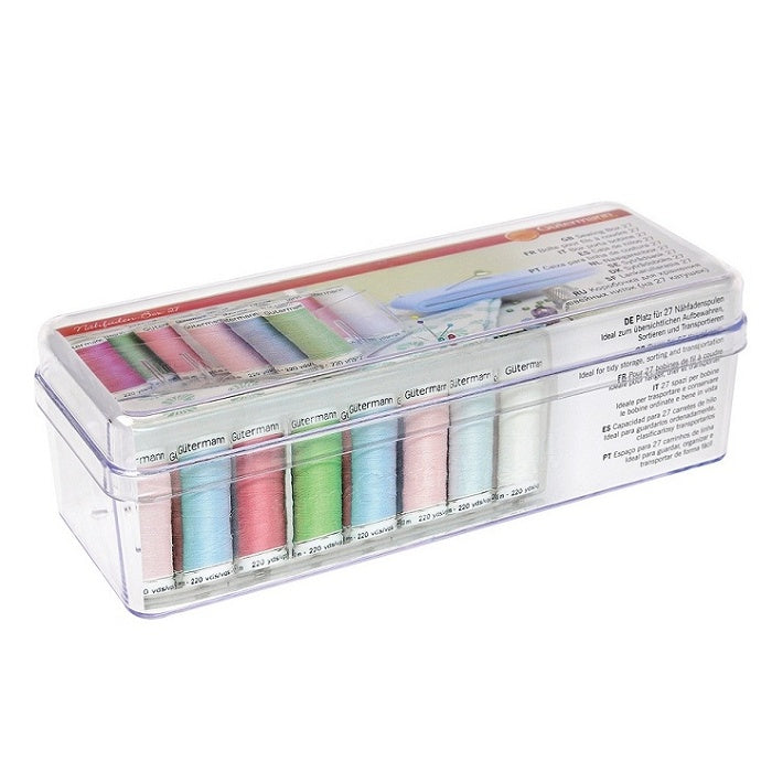 Clear plastic thread box with Gutermann branding.