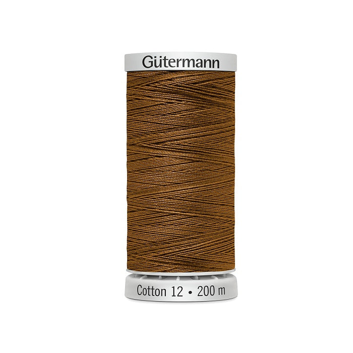 Spool of chesnut brown thread with Gutermann Cotton 12 branding.