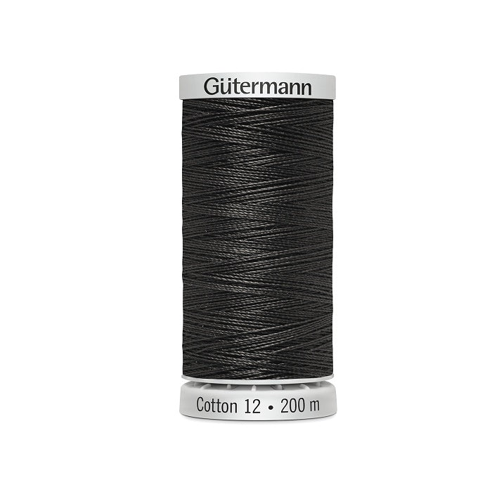 Spool of very dark grey thread with Gutermann Cotton 12 branding.