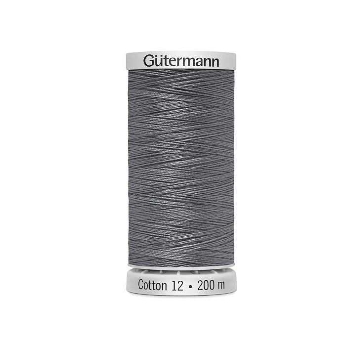 Spool of grey thread with Gutermann Cotton 12 branding.