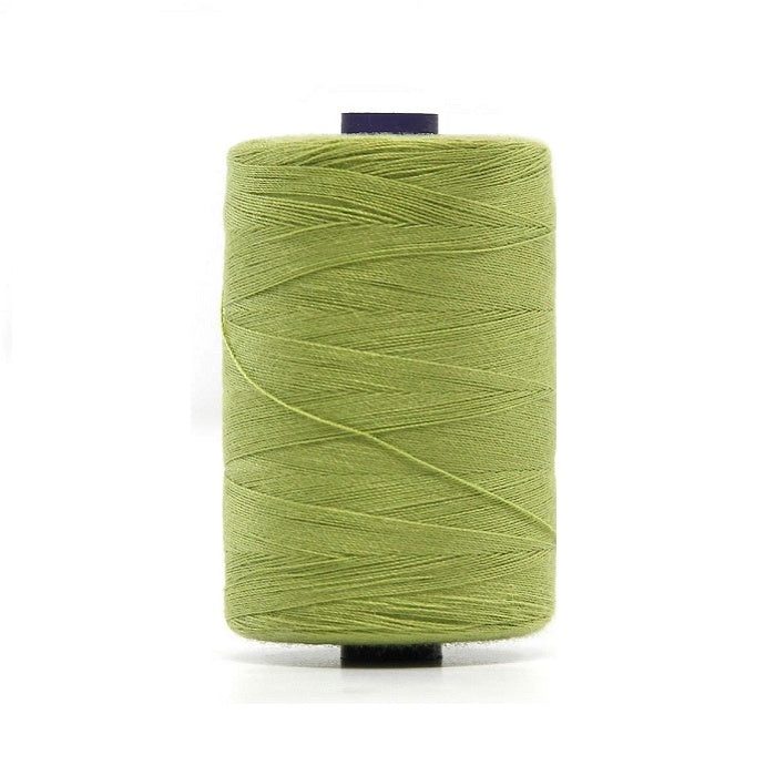 Spool of grass green polyester sewing thread.