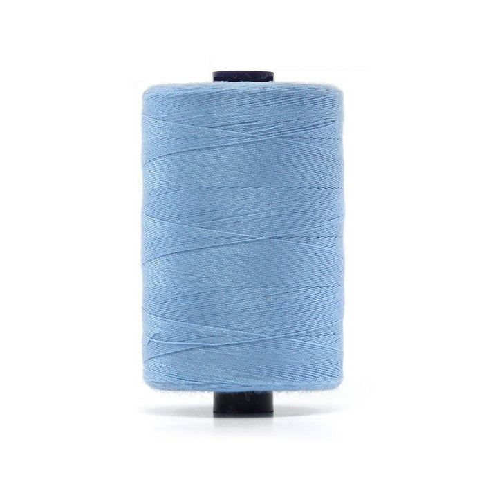 Spool of blue polyester sewing thread.