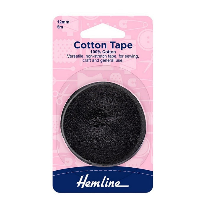 Packaged black cotton tape with Hemline branding.