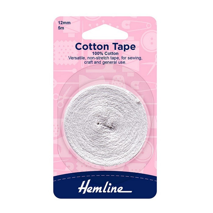 Packaged white cotton tape with Hemline branding.