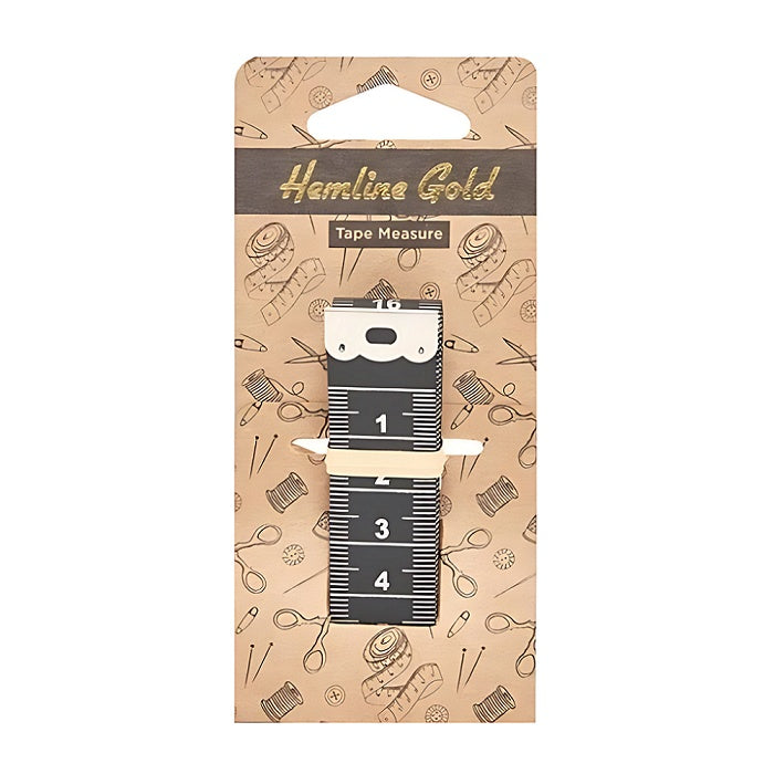 Packaged black tape meaure with white markings.