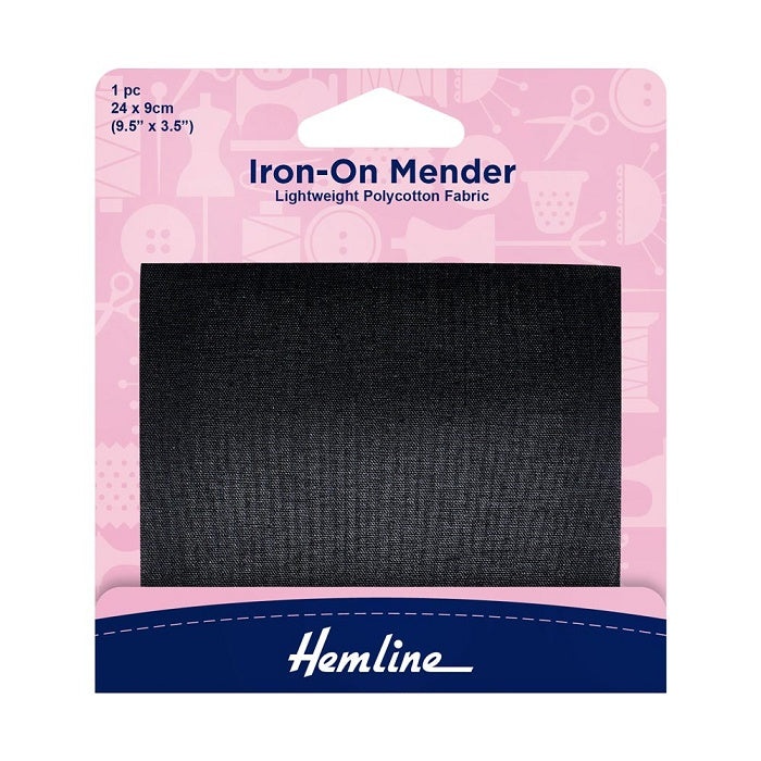 Packaged black mender with Hemline branding.