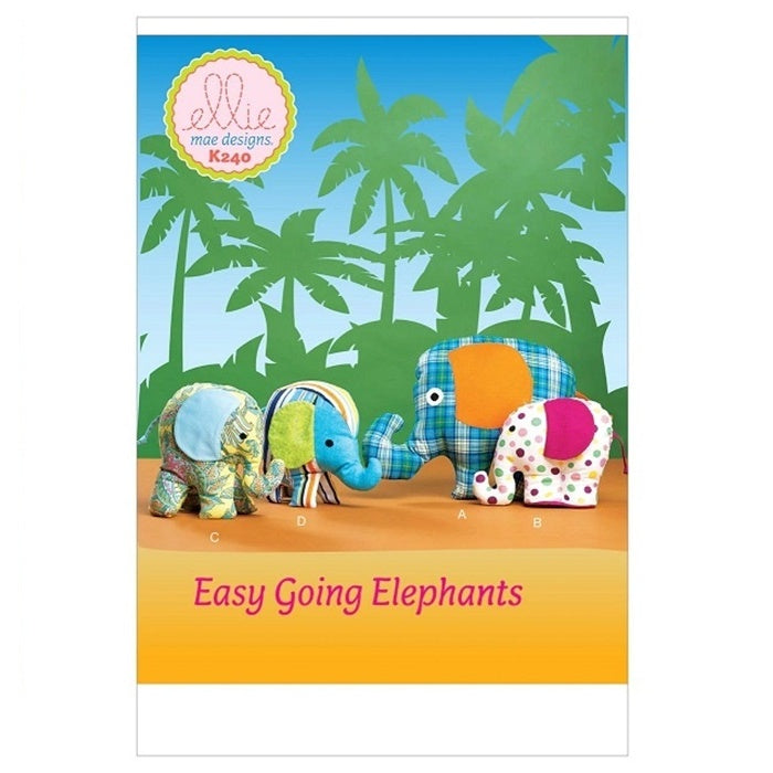 Sewing pattern cover with stuffed elephant toys in two sizes.