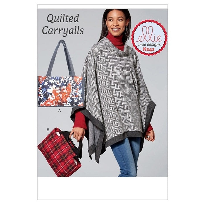 Sewing pattern cover with quilted bags with fabric or wooden handles.