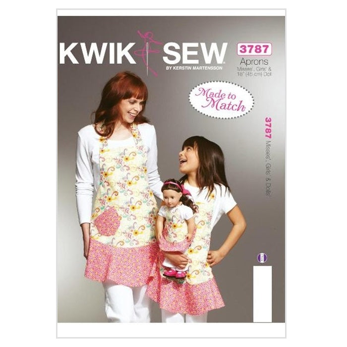 Sewing pattern cover with adult, child and doll flounce aprons.