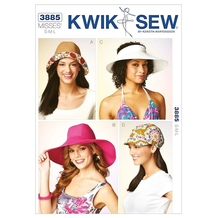 Sewing pattern cover with sun hats in four designs.