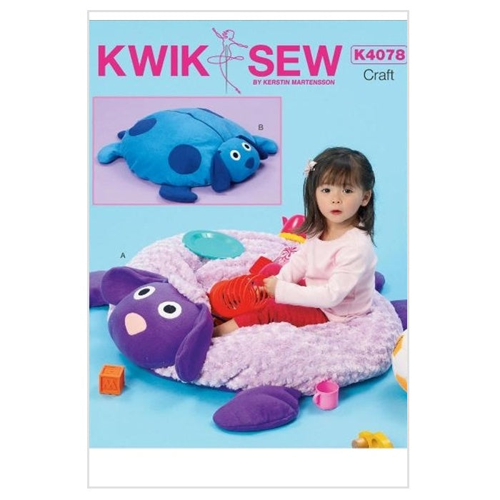 Sewing pattern cover with a child sitting on a dogl-shaped cushion.