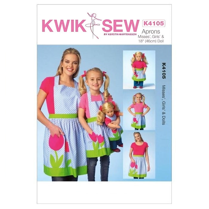 Sewing pattern cover with matching full aprons with tulip applique.