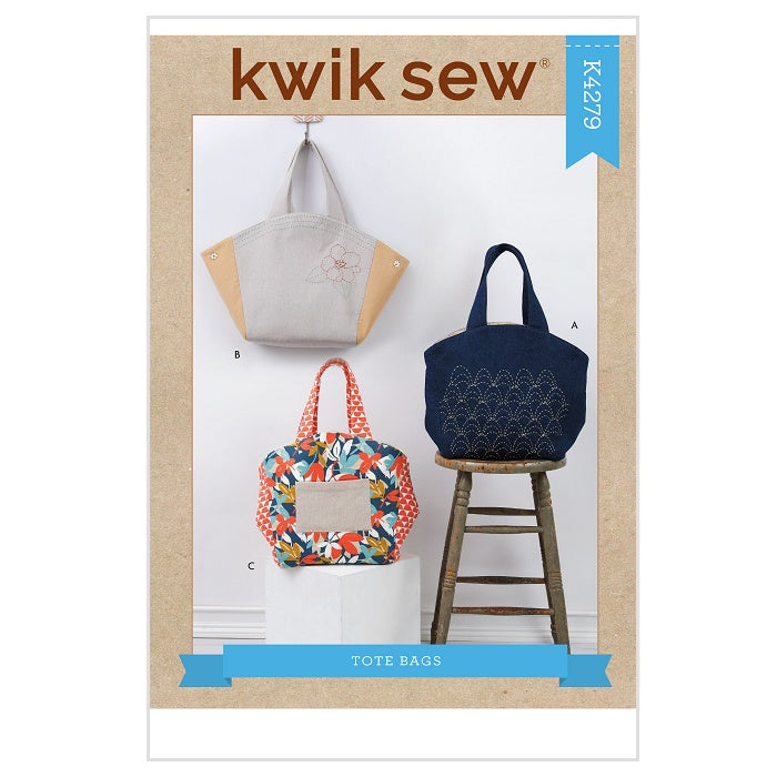 Sewing pattern cover with tote bags in three designs.