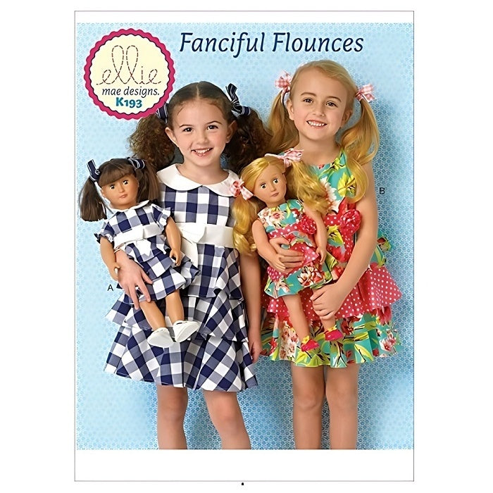 Pattern cover with childrens and dolls matching tiered dresses.
