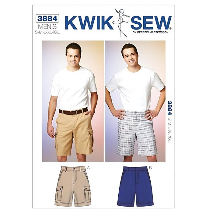 Sewing pattern cover with mens flat front shorts in two styles.