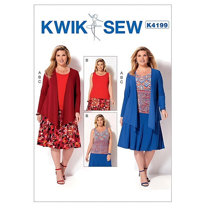 Sewing pattern cover with womens draped jacket skirt and tank top.
