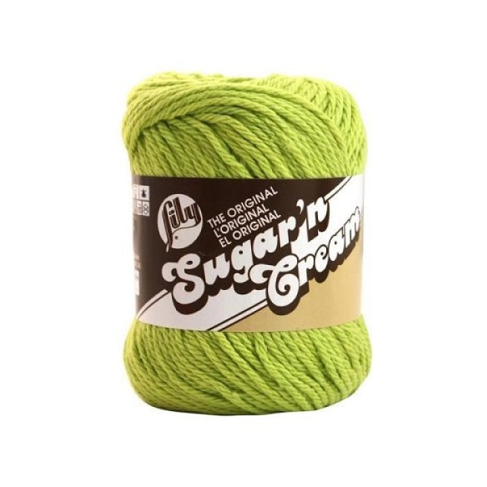 Ball of bright green yarn with Lily Sugar'n Cream branding.