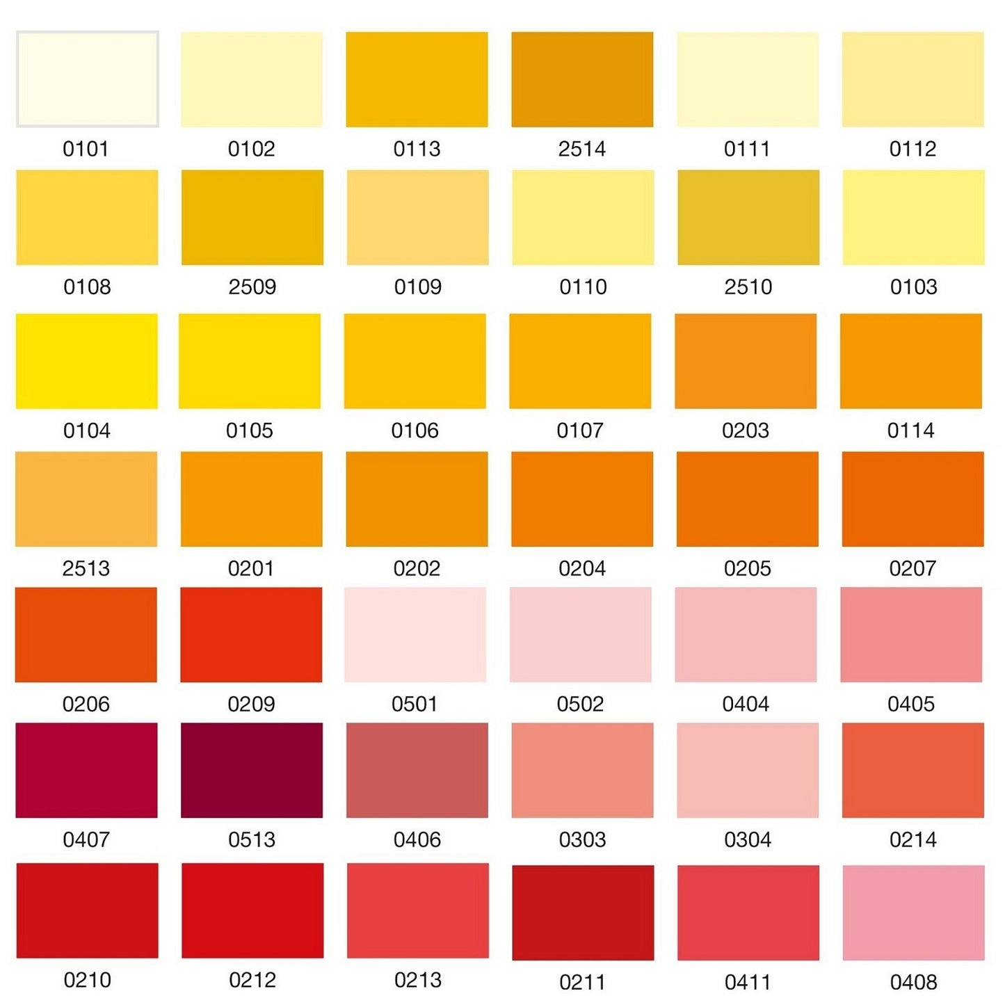 Colour swatch chart with various shades of yellow, orange, red and pink.