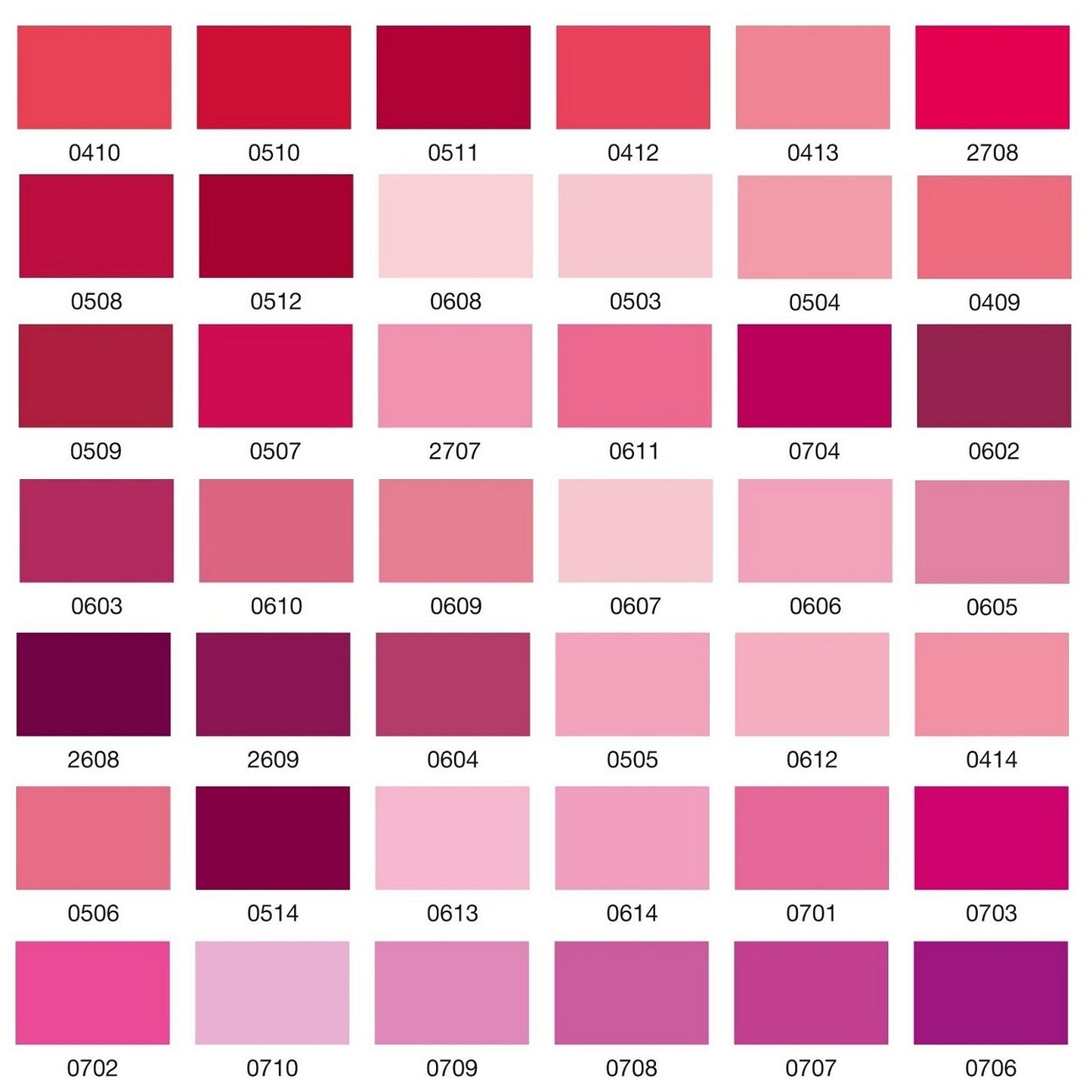 Colour swatch chart with various shades of pink and red.