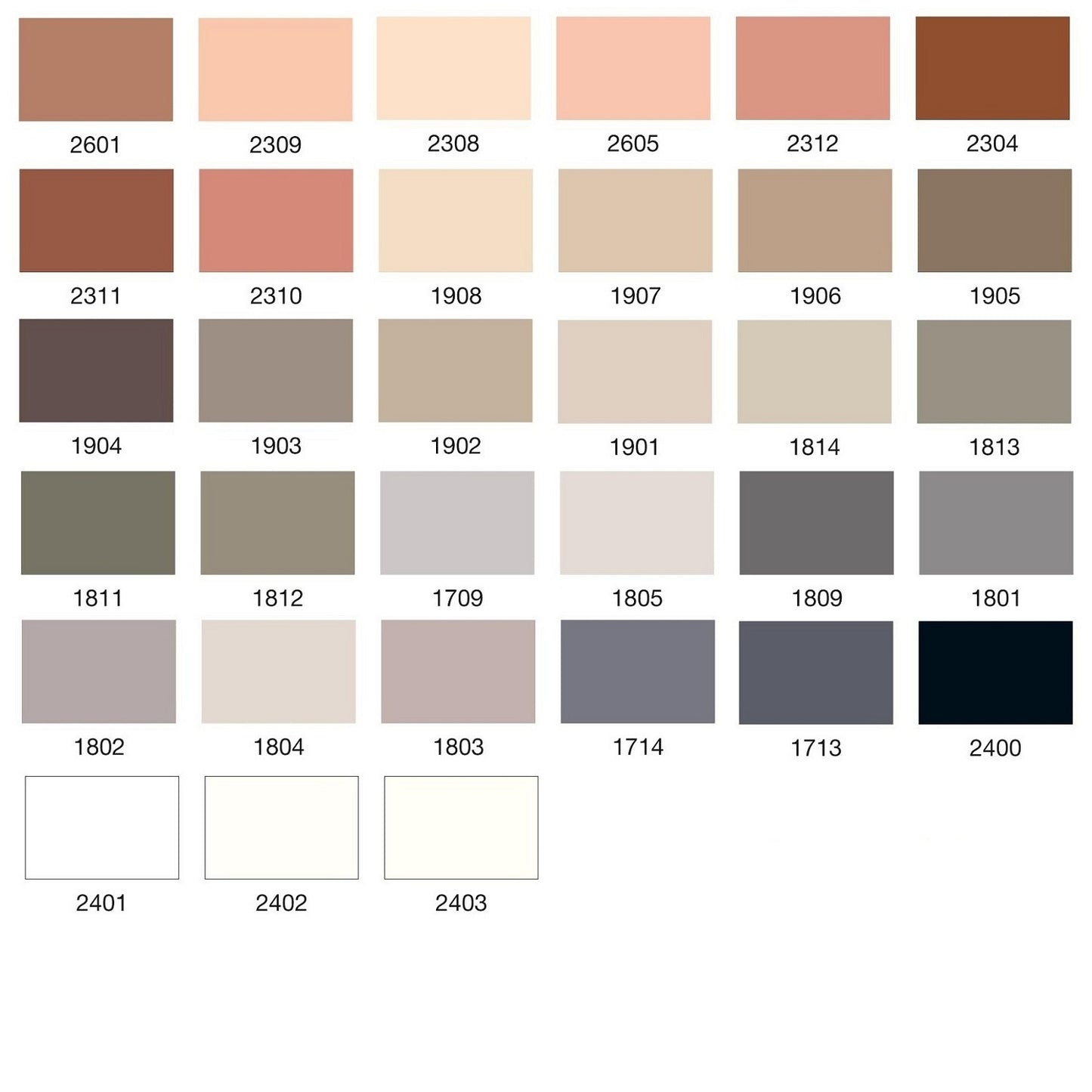 Colour swatch chart with various shades of brown, beige and grey.