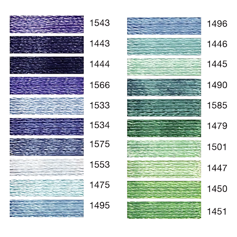 Colour swatch chart with shades of purple, blue and green.