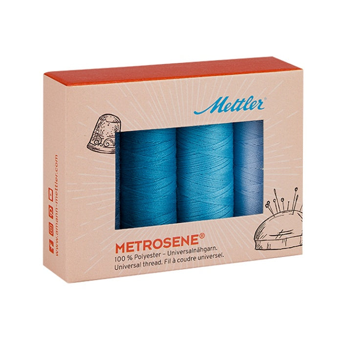 Mettler gift box with four spools of blue thread.