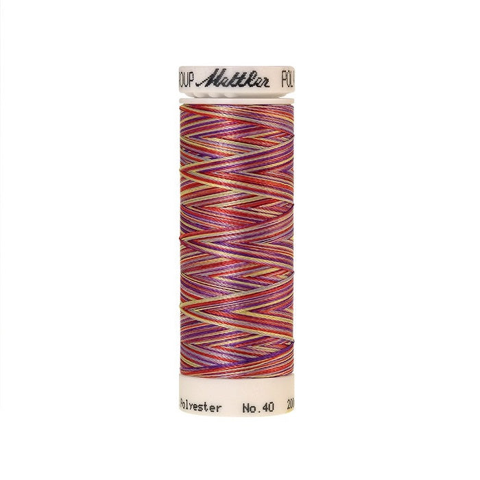 Spool of Mettler red purple and gold variegated thread.