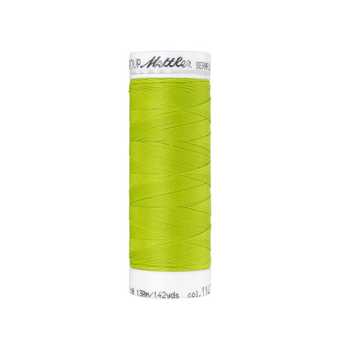 Spool of bright green thread with Mettler Seraflex branding.