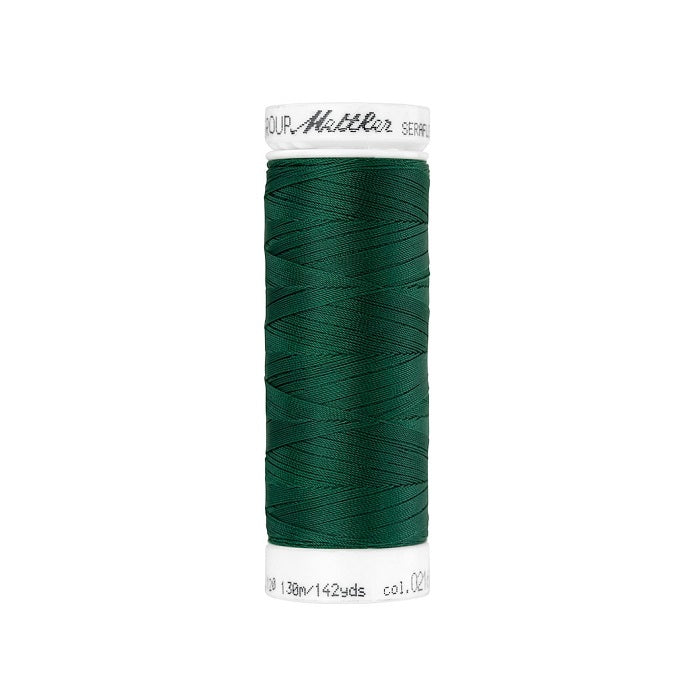 Spool of dark green thread with Mettler Seraflex branding.