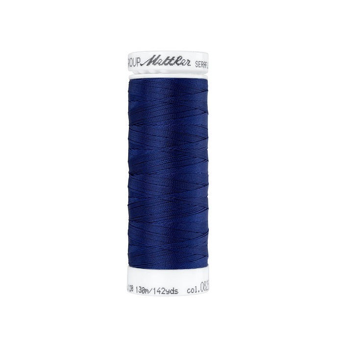 Spool of navy blue thread with Mettler Seraflex branding.