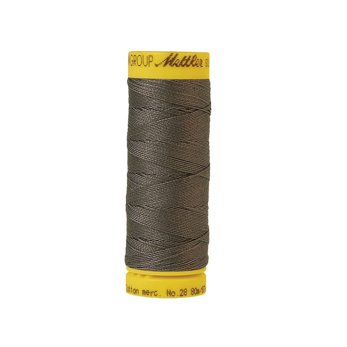 Grey brown thread with Mettler Cotton 28 branding.
