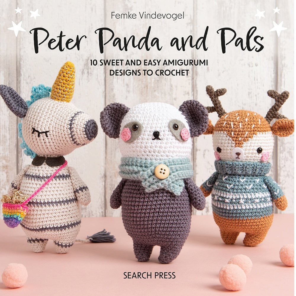 Book cover with three crocheted panda characters.