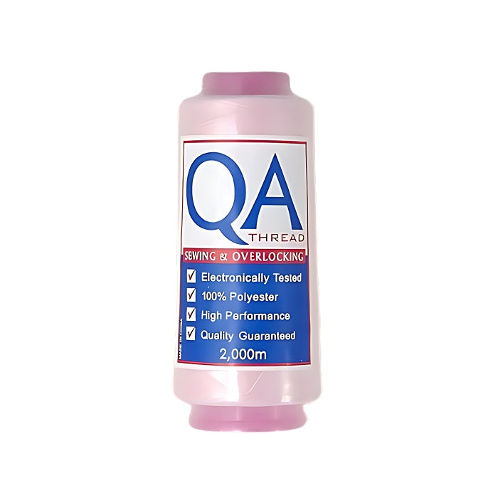 Pink overlocking thread cone with QA branding.