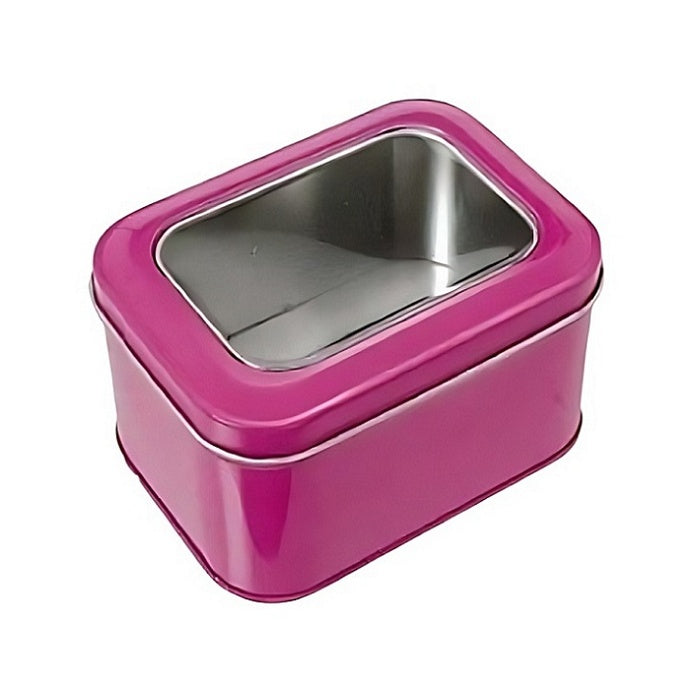 Hot pink rectangular metal tin with a clear window in the lid.