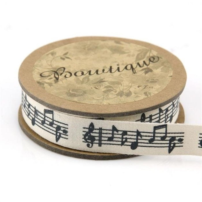 Spool of ribbon with musical notes on a stave .